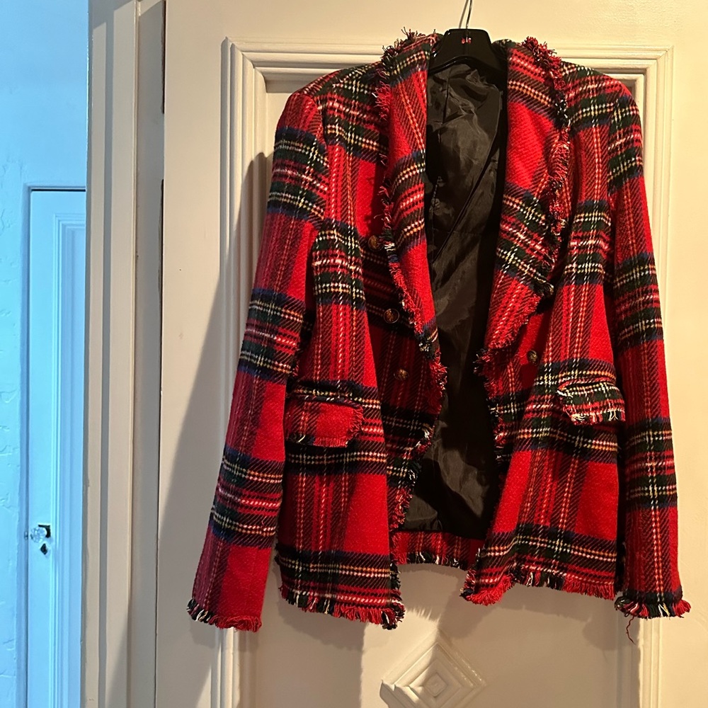 Plaid warm blazer jacket coat gold buttons blogger favorite fashion cozy top